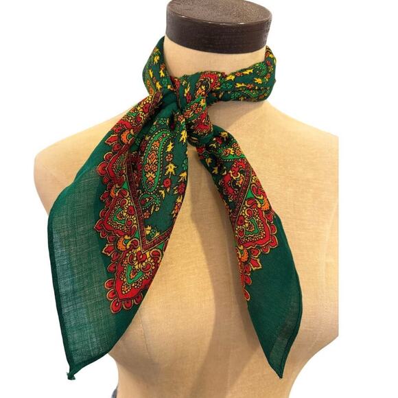 Vintage Accessories - VINTAGE 100% Wool Made in Japan Scarf Neck Tie Green Orange Gold Floral